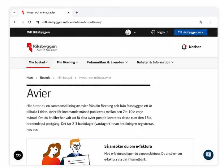 Skärmklipp av en webbsida på ”Mitt Riksbyggen” under rubriken ”Avier”. Sidan innehåller information om föreningens hyres- och månadsavier samt en sektion om hur man ansöker om e-faktura.