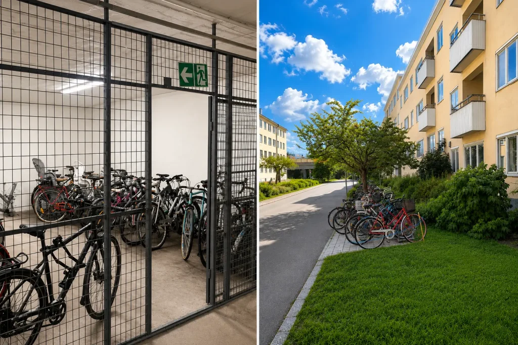 Ett kollage bestående av två bilder som visar olika alternativ för cykelparkering vid ett bostadsområde. Den vänstra bilden visar ett cykelrum inomhus eller i ett källarvalv, inhägnat av ett robust, svart nätgaller i metall. Innanför gallret står ett flertal cyklar tätt parkerade i ställ. Ovanför dörröppningen i gallret sitter en grön nödutgångsskylt med en gubbe och en pil som pekar åt vänster. I förgrunden, utanför buren, syns en svart herrcykel. Den högra bilden visar en utomhusmiljö en solig dag med blå himmel och vita moln. Längs med en asfalterad innergata står en lång rad cyklar parkerad i cykelställ på en stenlagd yta. Till höger syns ett gult flerbostadshus i funkisstil med vita balkonger, lummiga gröna buskar och en välklippt gräsmatta. Ett lövträd kastar skugga över cykelparkeringen.
