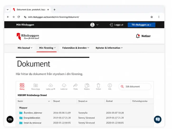 Skärmklipp av en webbsida på ”Mitt Riksbyggen” under fliken ”Min förening” och rubriken ”Dokument”. Sidan visar en fillista för HSB BRF Kristinebergs Strand med digitala mappar för årsmöten, energideklarationer och renoveringsregler.