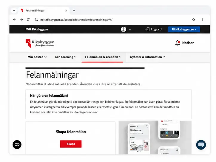 Skärmklipp av en webbsida på ”Mitt Riksbyggen” under rubriken ”Felanmälningar”. Sidan förklarar när och hur en felanmälan ska göras och har en röd knapp med texten ”Skapa” för att registrera ett nytt ärende.