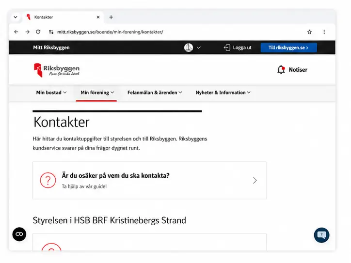 Skärmklipp av en webbsida på ”Mitt Riksbyggen” under rubriken ”Kontakter”. Sidan erbjuder en kontaktguide samt kontaktuppgifter till Riksbyggens kundservice och styrelsen för HSB BRF Kristinebergs Strand.