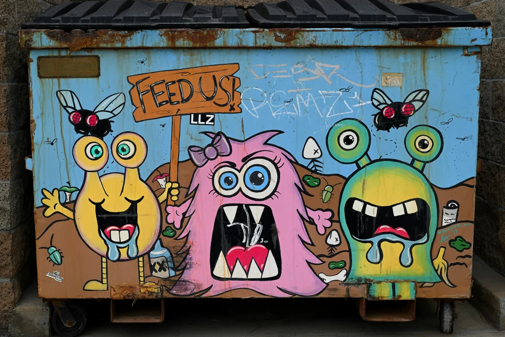 En ljusblå container i metall täckt av färgglad graffitikonst som föreställer tre tecknade monster med öppna munnar. Det vänstra monstret håller en träskylt där det står ”FEED US!”.